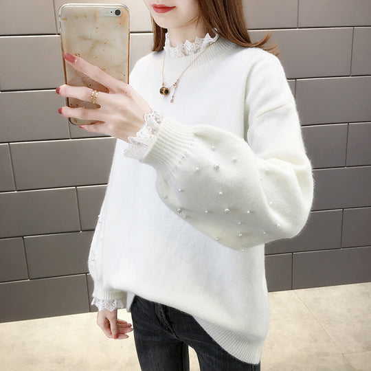 Damen trendiger Strickpullover mit Perlendetails und voluminösen Ärmeln EB