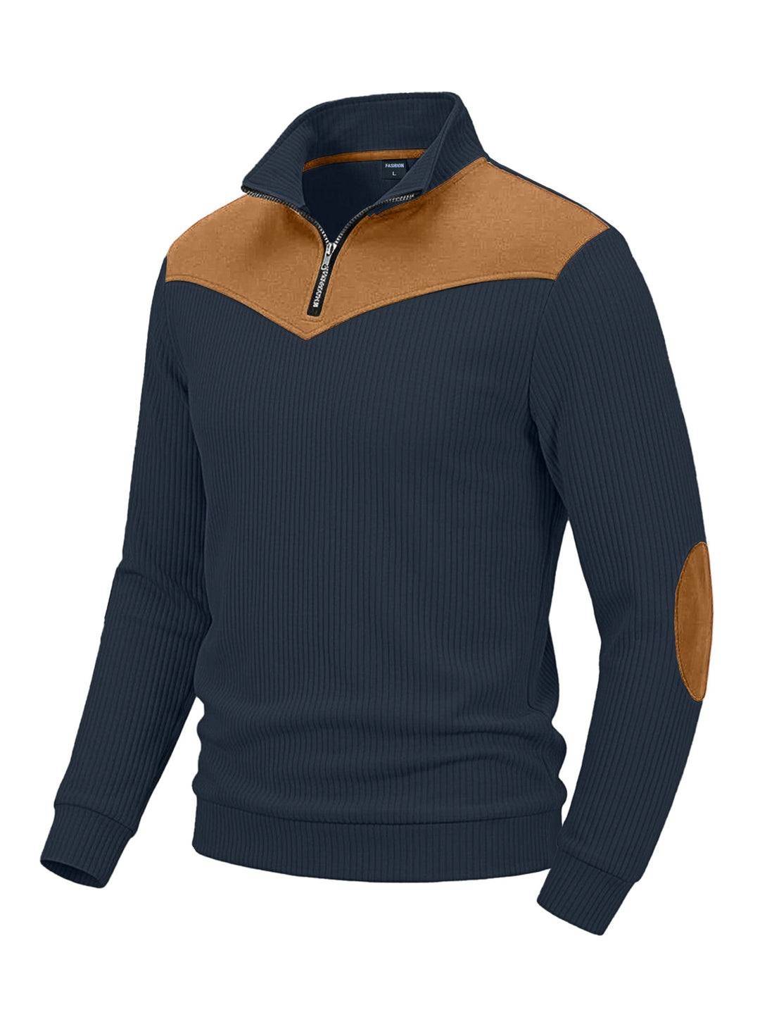 Herren Strickpullover mit Troyerkragen, Rippenstruktur und Ellbogen-Patches EB