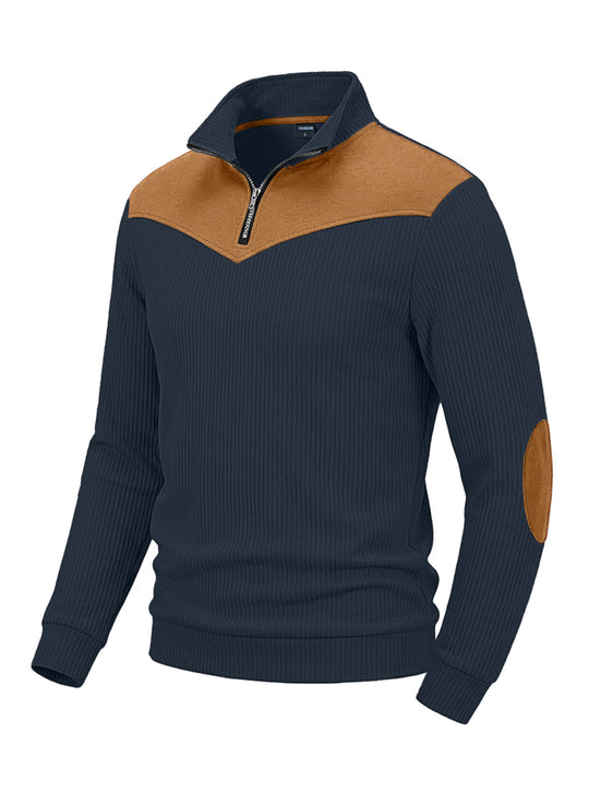 Herren Strickpullover mit Troyerkragen, Rippenstruktur und Ellbogen-Patches EB