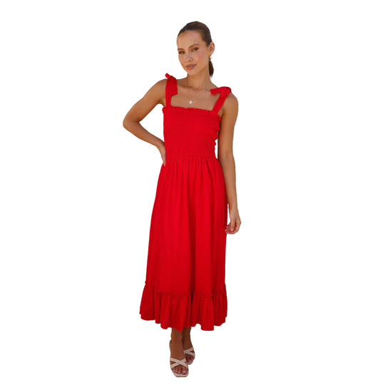 Damen Maxikleid mit verspieltem Rüschensaum und elastischem Oberteil EB