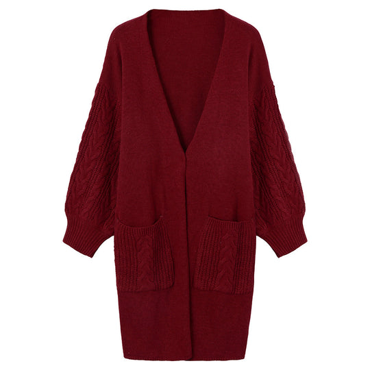 Damen Strickmantel mit tiefem V-Ausschnitt und groben Zopfstrickdetails EB