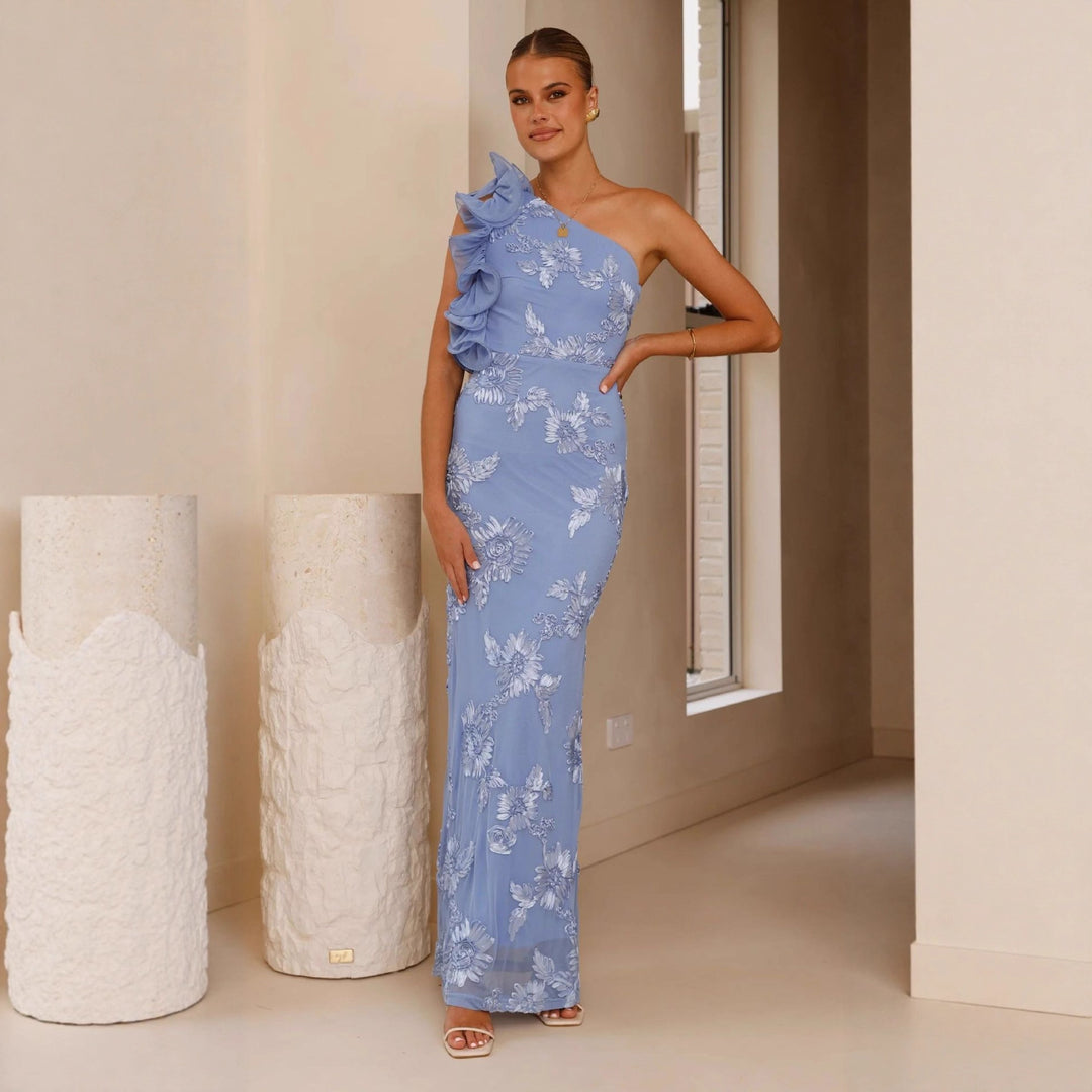 Damen Elegantes und figurbetontes Maxikleid mit asymmetrischem Träger und floralen Applikationen EB