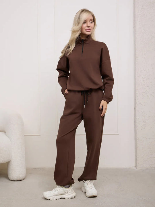 Damen weiches Lounge-Set mit halbem Reißverschluss, Kordelzughose und elastischen Bündchen EB