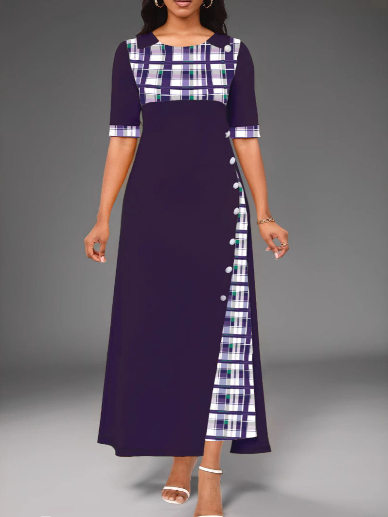 Damen Maxi-Kleid mit modischem Karomuster und geschmackvollen Knopfdetails EB