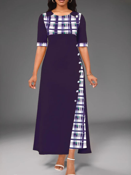 Damen Maxi-Kleid mit modischem Karomuster und geschmackvollen Knopfdetails EB