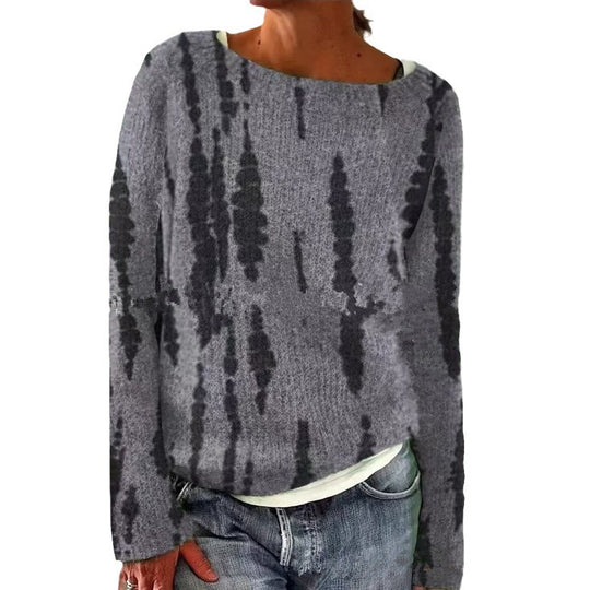 Damen nan melierter Rundhalsausschnittpullover mit kreisförmigem Jacquard-Yoke und geripptem Saum EB