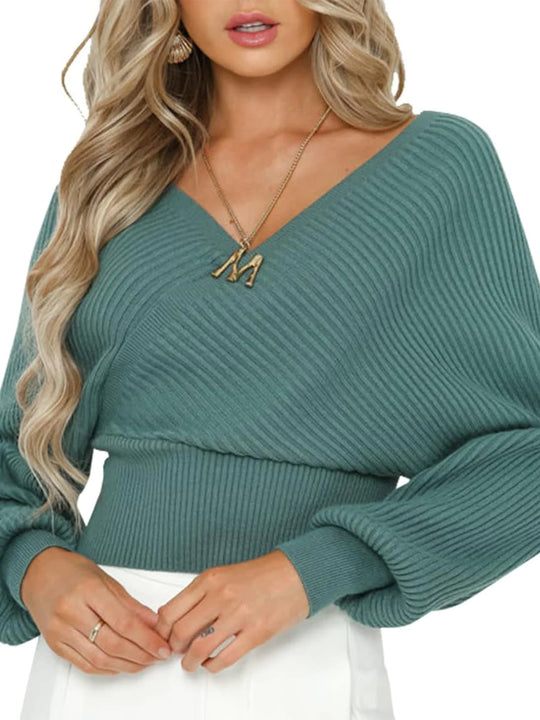 Damen lässiger V-Ausschnitt Pulli mit breiten Ärmeln und Rippstruktur EB