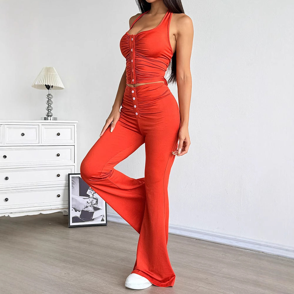 Damen Set aus gekräuseltem Top und flared Hose EB
