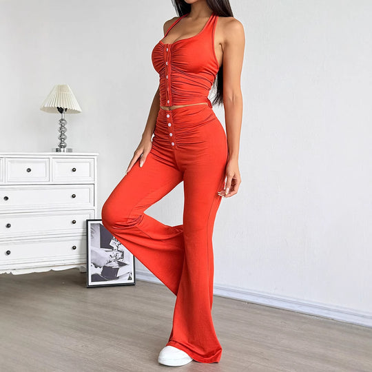 Damen Set aus gekräuseltem Top und flared Hose EB