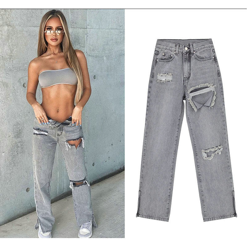 Damen lässige Ripped Jeans mit hoher Taille und modernen Fransen EB