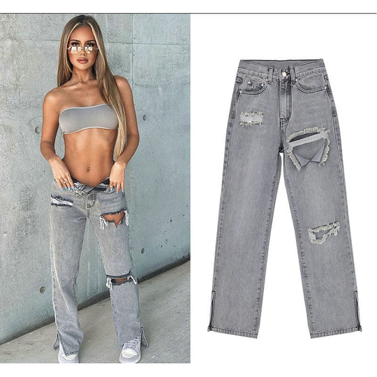 Damen lässige Ripped Jeans mit hoher Taille und modernen Fransen EB