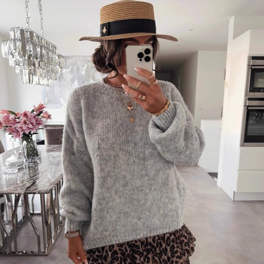 Damen Strickpullover mit voluminösen Ärmeln und feiner Struktur EB