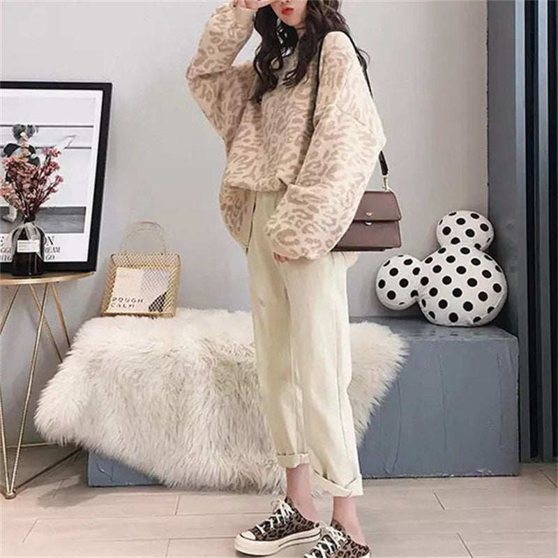 Damen Oversized Strickpullover mit Leopardenmuster und weichem Material EB