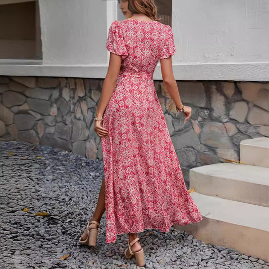 Damen Maxikleid mit asymmetrischen Saum und floralem Design EB