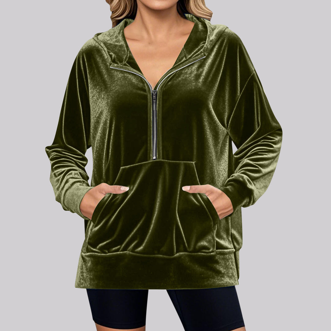 Damen kuscheliges Fleece-Hoodie mit praktischen Taschen und halbem Reißverschluss EB
