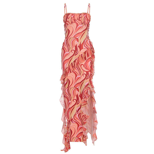Damen Maxi-Kleid mit Rüschendetails und fließendem Muster EB