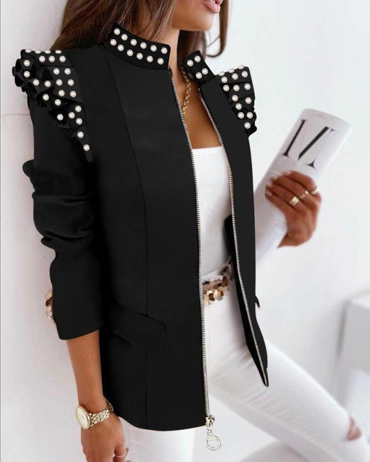 Damen nan Leo-Blouson mit Volantärmeln, Stehkragen und Zipper-Front EB