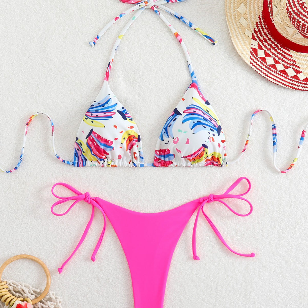 Damen Triangel-Bikini mit verspieltem Farbdesign und verstellbaren Bindebändern EB