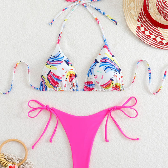 Damen Triangel-Bikini mit verspieltem Farbdesign und verstellbaren Bindebändern EB