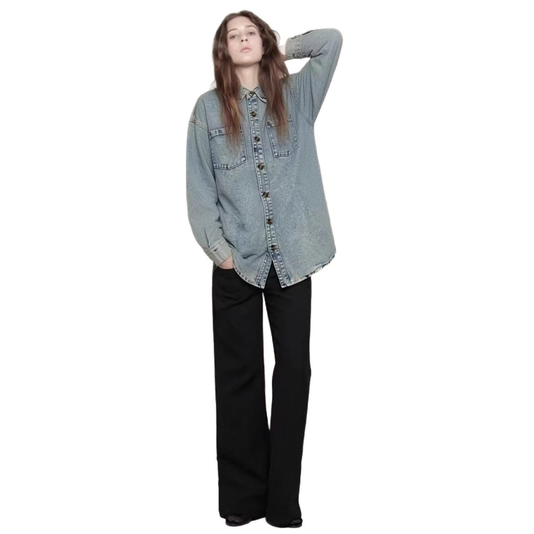 Damen Oversized Denim-Hemd mit aufgesetzten Taschen EB