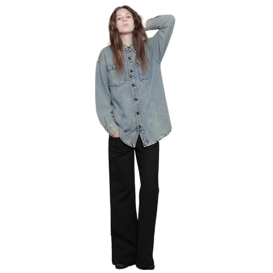 Damen Oversized Denim-Hemd mit aufgesetzten Taschen EB