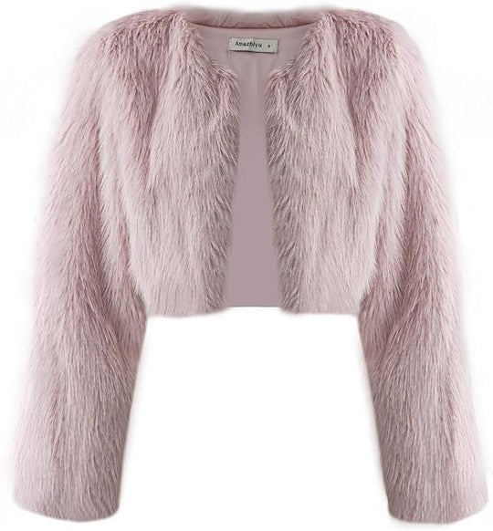 Damen Kurze glamouröse Kunstfelljacke mit lockeren Ärmeln EB