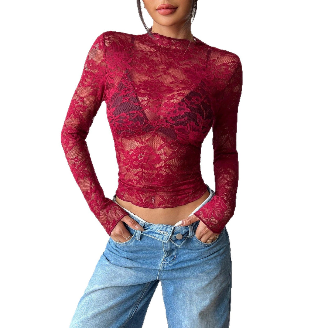 Damen nan figurbetontes transparentes Spitzen-Crop-Top mit hochgeschlossenem Kragen und integrierter Bustier-Form EB