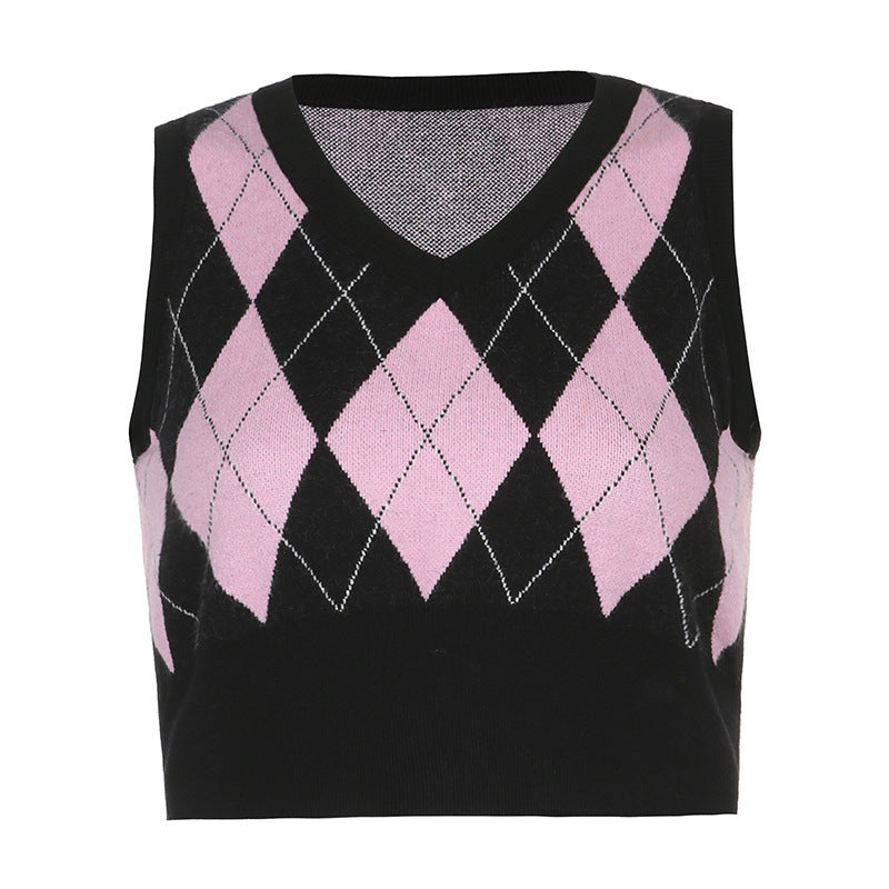 Damen cropped Stricktop mit modernem Rautenmuster EB