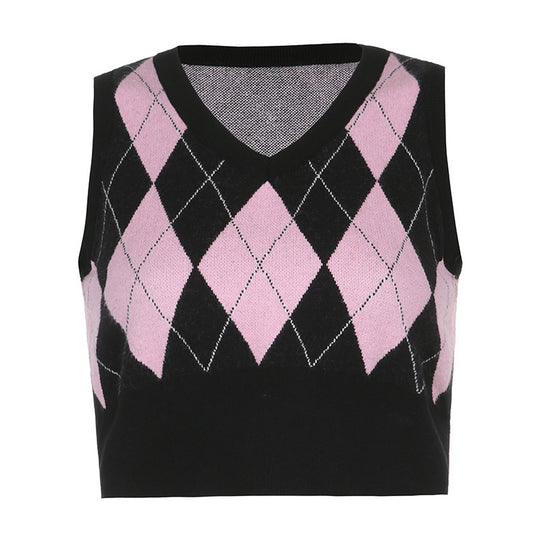 Damen cropped Stricktop mit modernem Rautenmuster EB