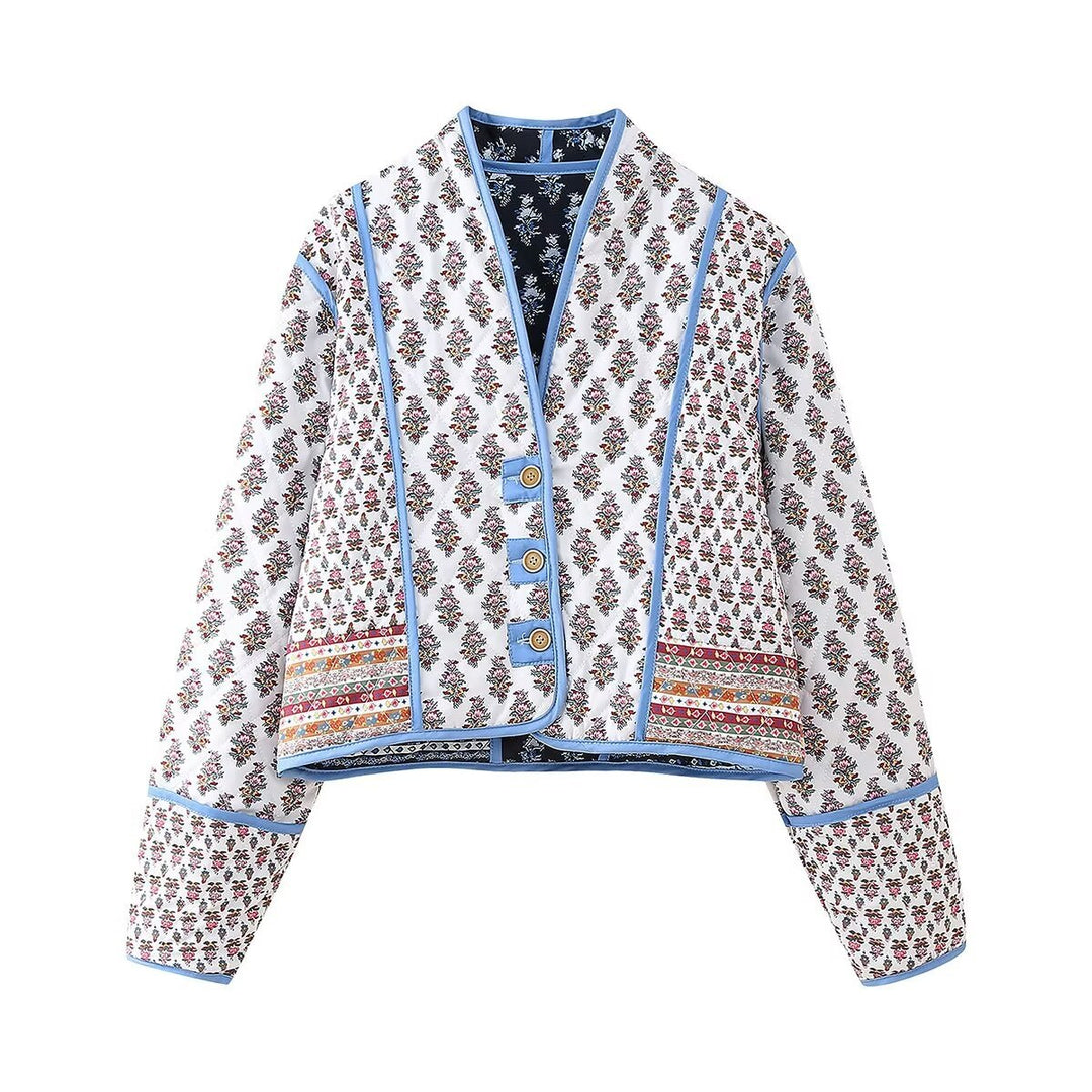 Damen modische cropped Jacke mit floralem Design und eleganten Knopfdetails EB