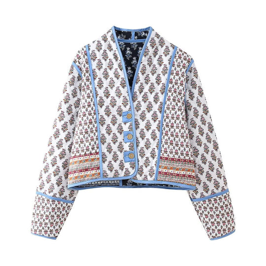 Damen modische cropped Jacke mit floralem Design und eleganten Knopfdetails EB