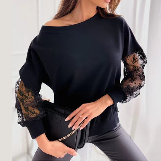 Damen eleganter Pullover mit transparenten Spitzenärmeln und asymmetrischem Ausschnitt EB