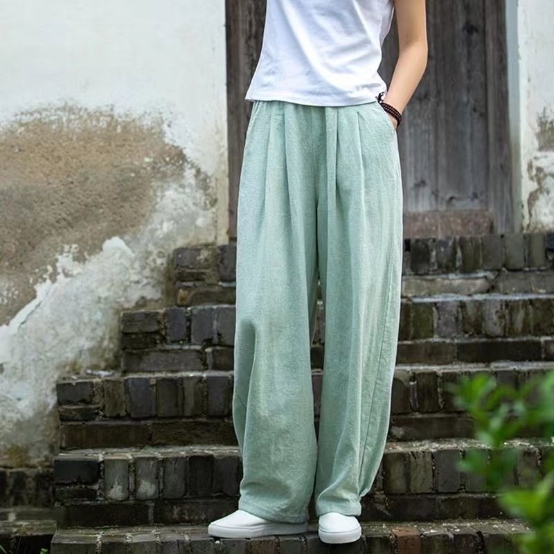 Damen weite Leinenhose mit elastischem Bund und seitlichen Taschen EB