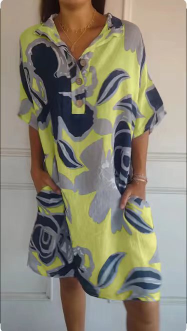 Damen luftiges Strandkleid mit modischem Muster und seitlichen Taschen EB