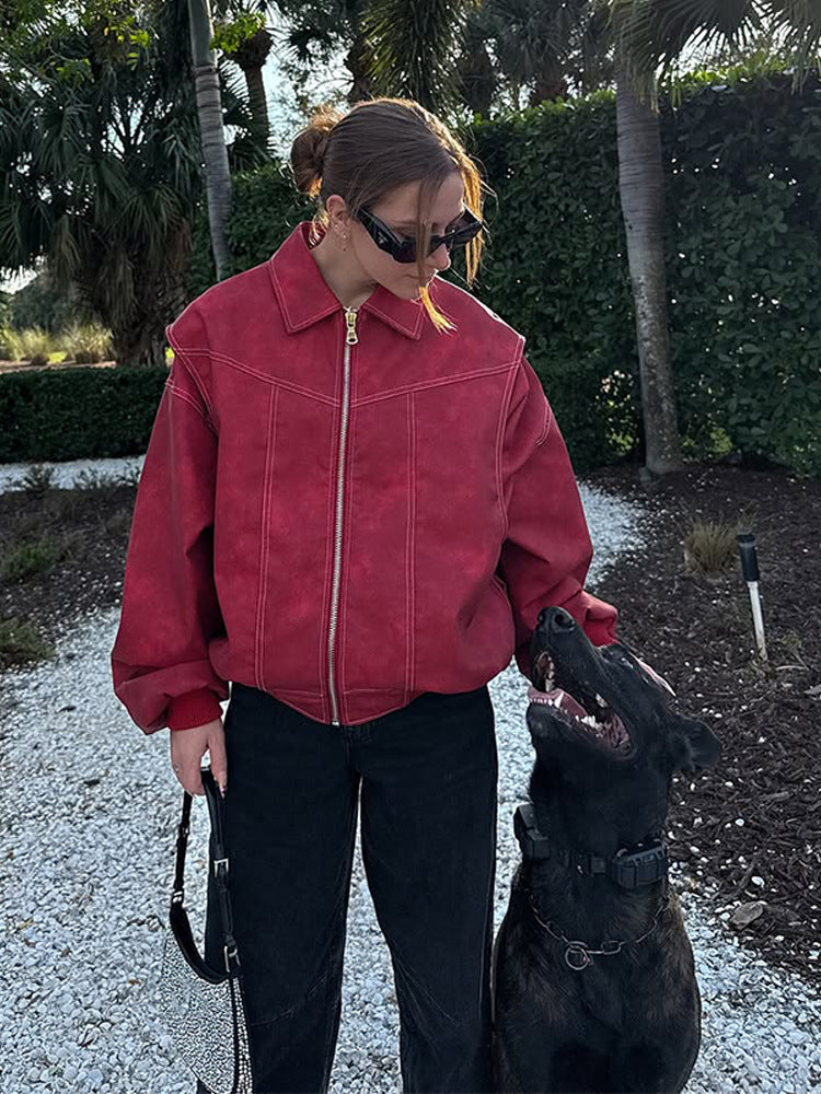 Damen Kunstlederjacke mit voluminösen Ärmeln und hohem Kragen EB