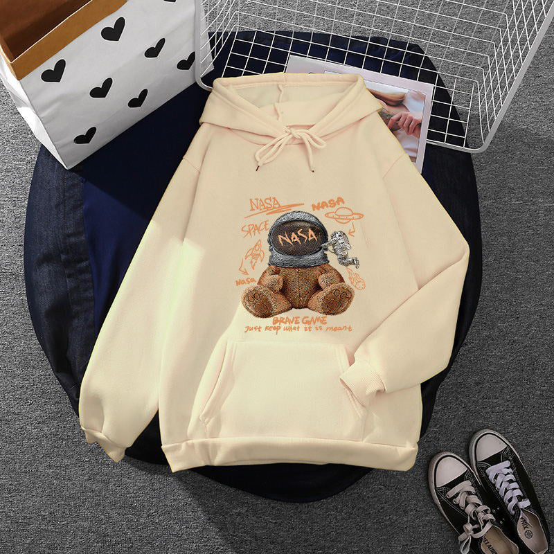 Damen nan lässiger Hoodie mit Astronauten‑Teddy‑Print, Kängurutasche und weichem Fleece-Innenfutter EB