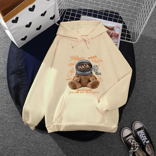 Damen nan lässiger Hoodie mit Astronauten‑Teddy‑Print, Kängurutasche und weichem Fleece-Innenfutter EB