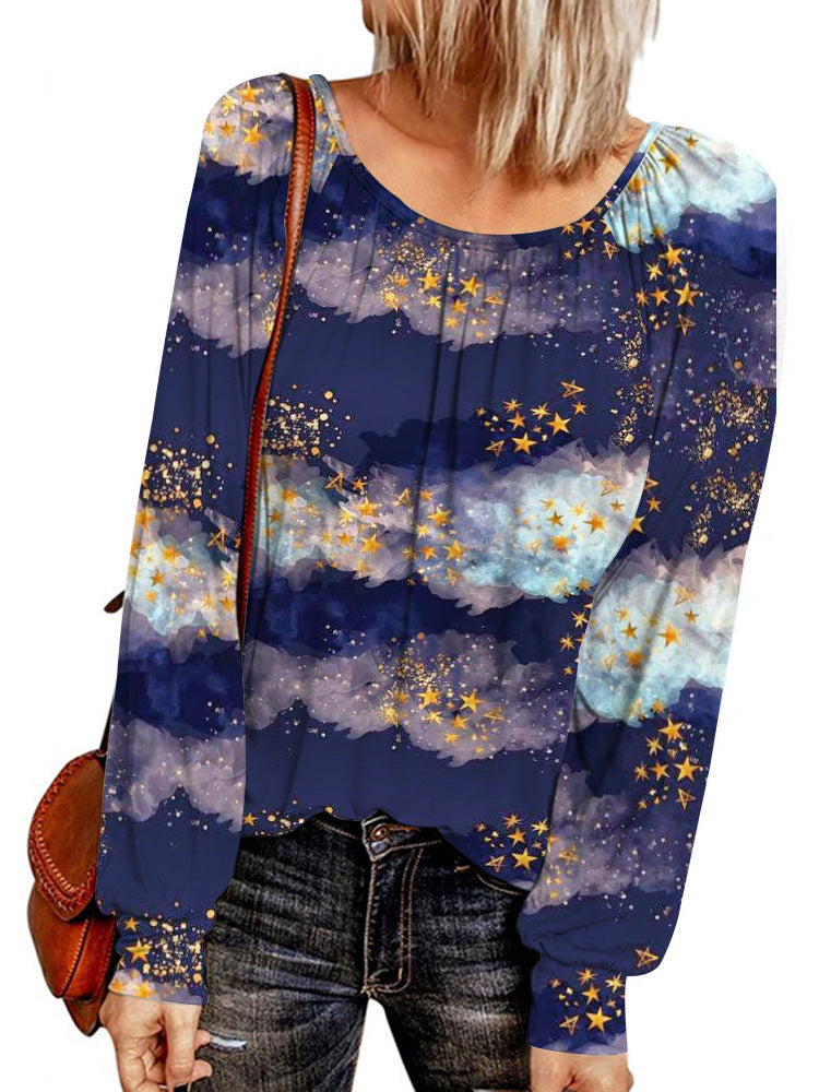 Damen Ethno-Print Oversize-Tunika mit Rundhalsausschnitt und langen Ballonärmeln EB