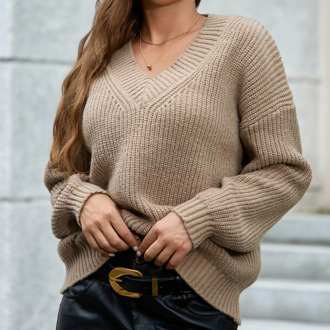 Damen gemütlicher V-Ausschnitt Strickpullover mit lockerem Schnitt und strukturiertem Muster EB