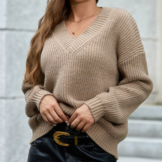 Damen gemütlicher V-Ausschnitt Strickpullover mit lockerem Schnitt und strukturiertem Muster EB