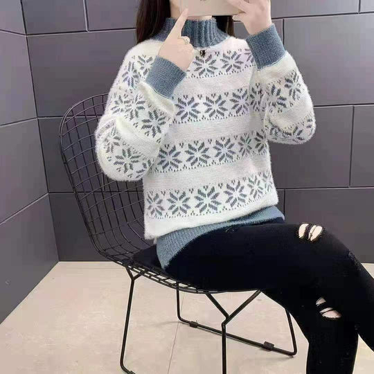 Damen Strickpullover mit modernem Schneeflocken-Muster und Stehkragen EB