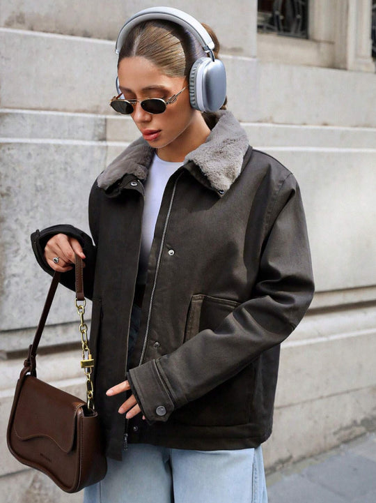 Damen lässige Übergangsjacke mit Kunstfellkragen und praktischen Taschen EB