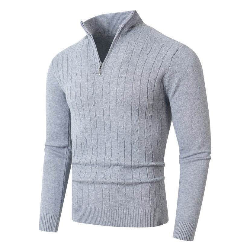 Herren nan gerippter Halbzip-Pullover mit Zopfmuster, Stehkragen und schmaler Passform EB