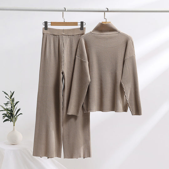 Damen lässiges Strickensemble mit hohem Kragen und seitlichen Schlitzen EB