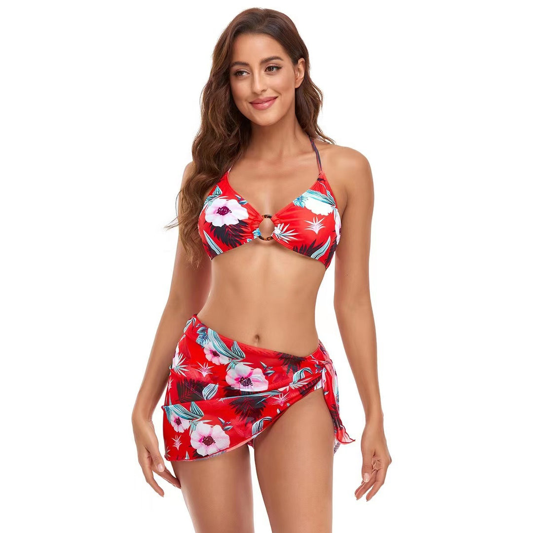 Damen Triangel-Bikini-Set mit modischem Wickelrock und floralem Design EB