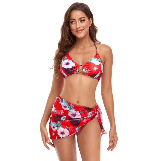 Damen Triangel-Bikini-Set mit modischem Wickelrock und floralem Design EB