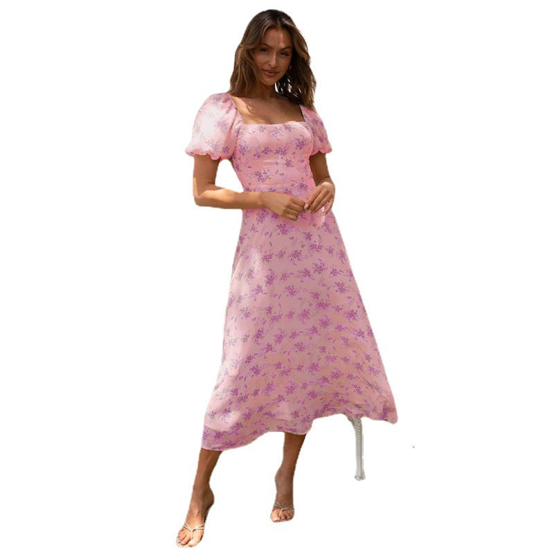 Damen Midikleid mit Puffärmeln und elegantem Blumendruck EB