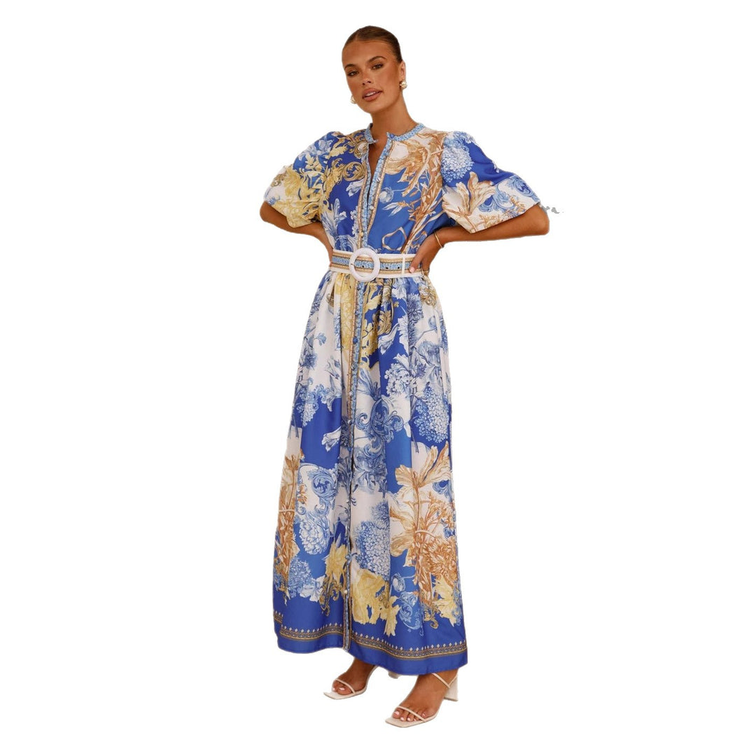 Damen Maxikleid mit floralem Knopfleisten-Design und tailliertem Gürtel EB