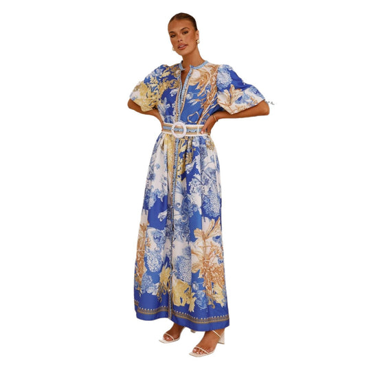 Damen Maxikleid mit floralem Knopfleisten-Design und tailliertem Gürtel EB