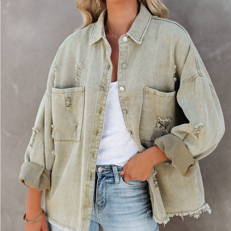 Damen Oversized Denim-Bluse mit Fransen EB